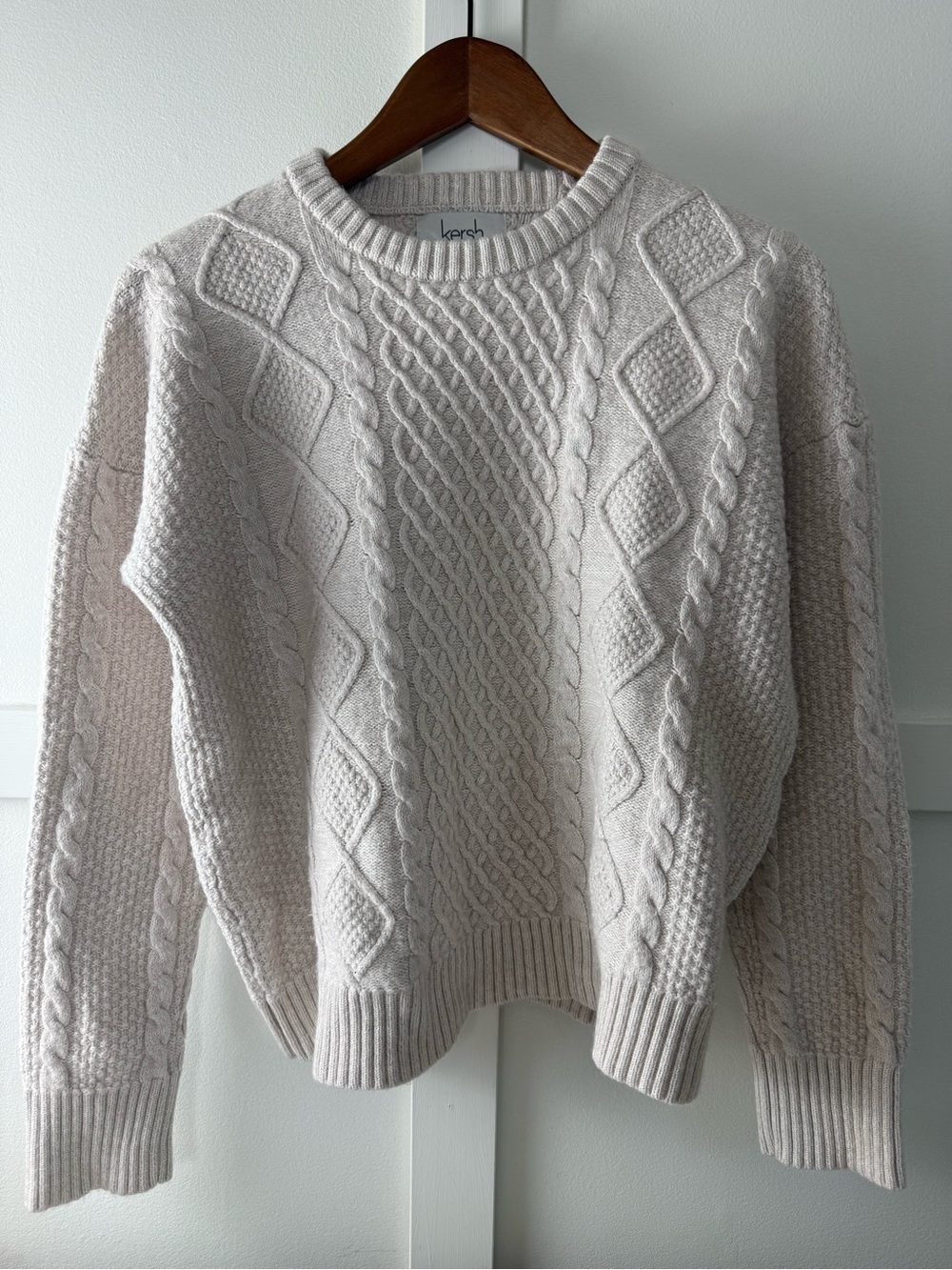 Kersh Merino Wool-Cotton Blend Cable Knit Aran Sweater Cream/Oatmeal S